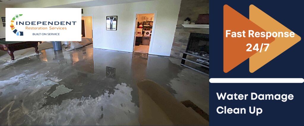 water damage covering a basement living room floor - water damage - home flood - water emergency- flooding - Independent Restoration Services - Middle Tennessee
